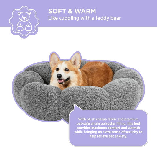 WESTERN HOME WH Calming Dog Beds for Small Dogs-Fluffy Flower Cat&Dog Bed in Plush Teddy Sherpa Round Donut Cuddler Small Dog Bed Non-Slip Machine Washable Pet Bed Fits up to 25 lbs Grey 24"