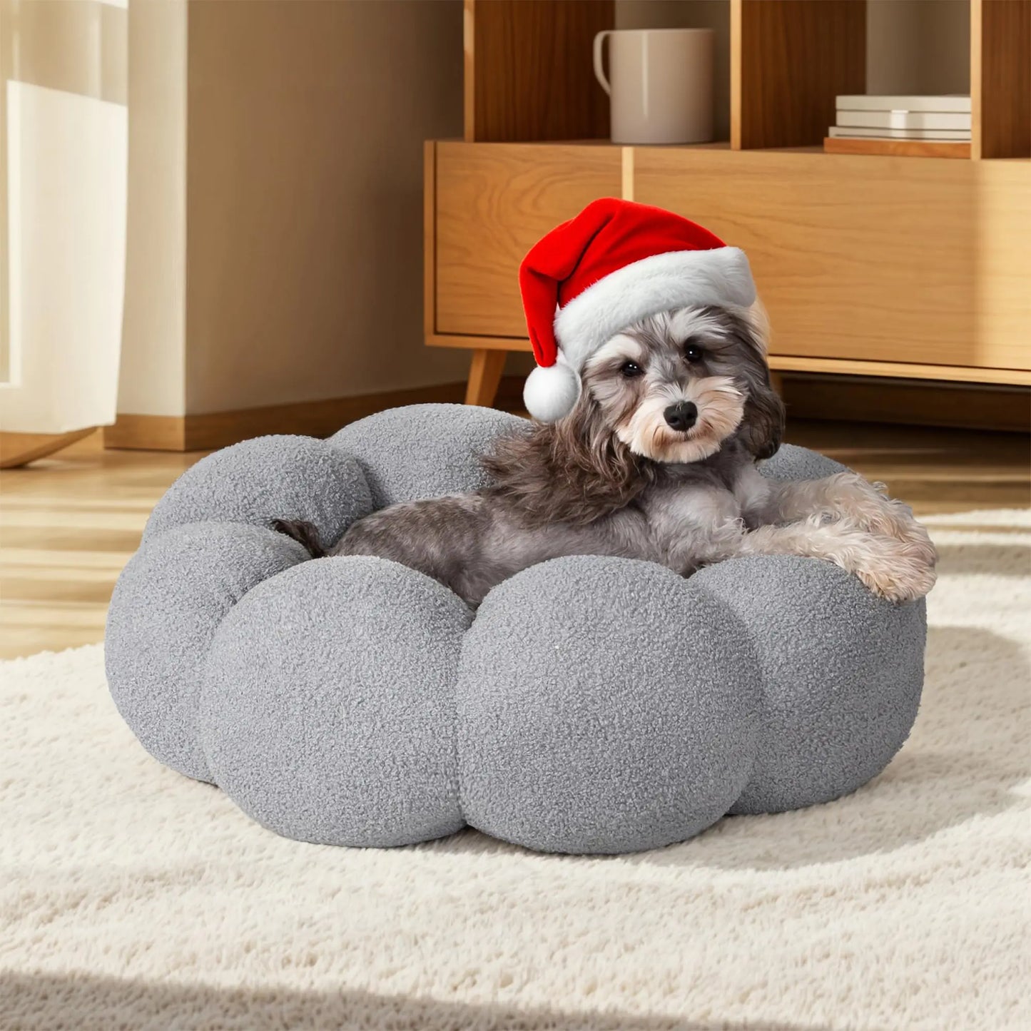 WESTERN HOME WH Calming Dog Beds for Small Dogs-Fluffy Flower Cat&Dog Bed in Plush Teddy Sherpa Round Donut Cuddler Small Dog Bed Non-Slip Machine Washable Pet Bed Fits up to 25 lbs Grey 24"