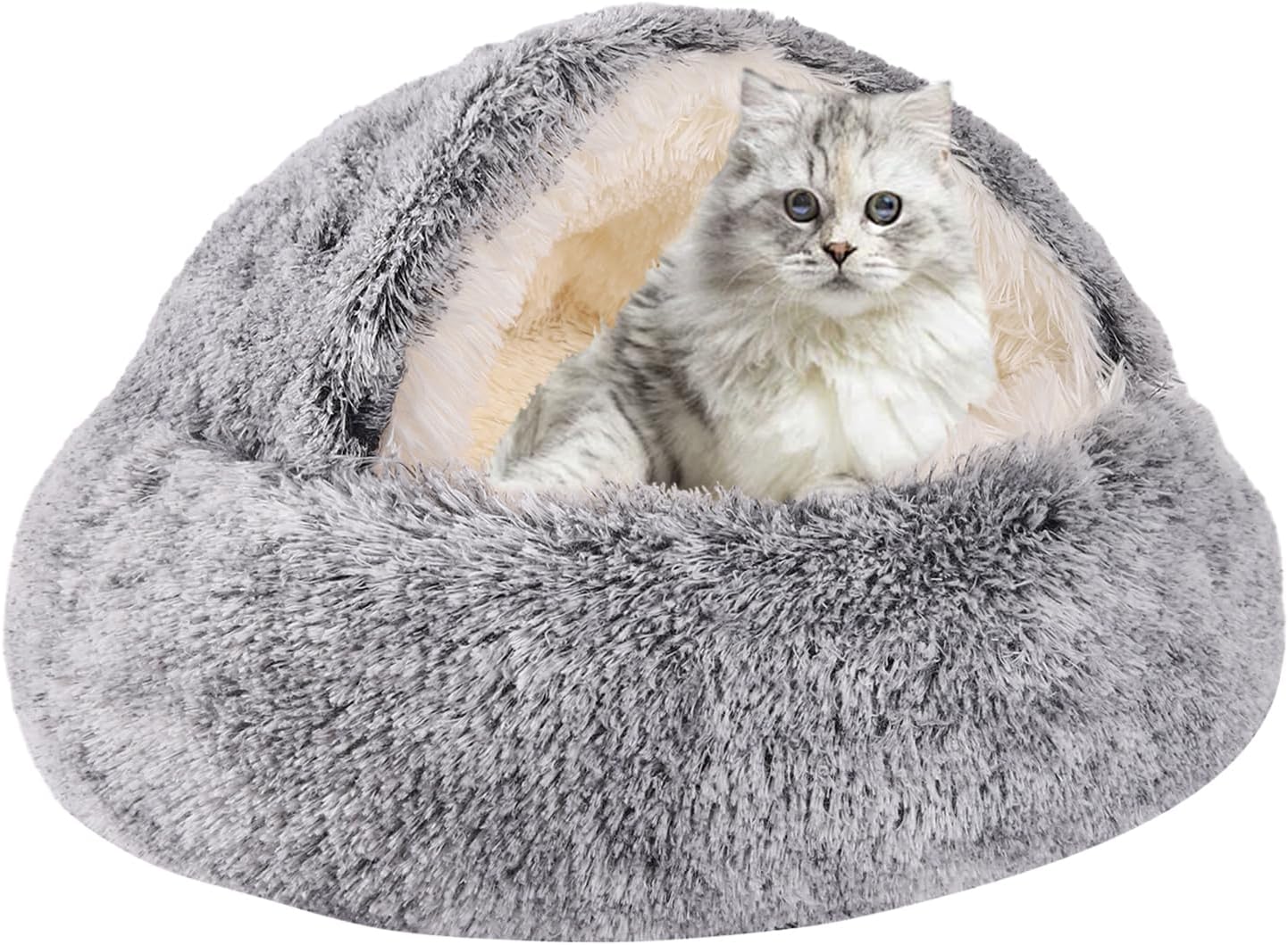 Cat Bed Round Fluffy Hooded Cat Bed Donut Cave with Non-collapsed Plush Cover for Indoor Cats Calming Dog Beds Anti-Slip Waterproof Bottom (24inch Coffee)