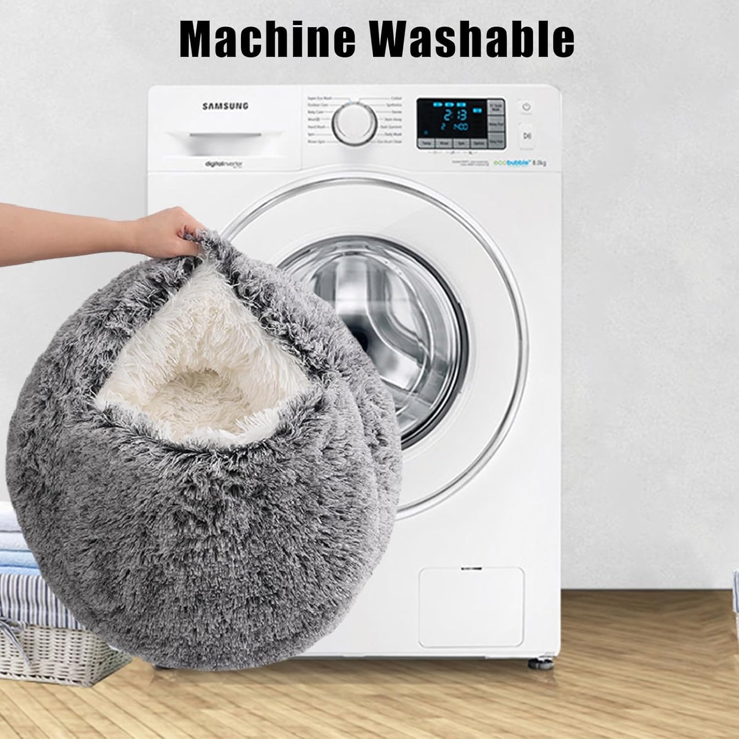 Cat Bed Round Fluffy Hooded Cat Bed Donut Cave with Non-collapsed Plush Cover for Indoor Cats Calming Dog Beds Anti-Slip Waterproof Bottom (24inch Coffee)