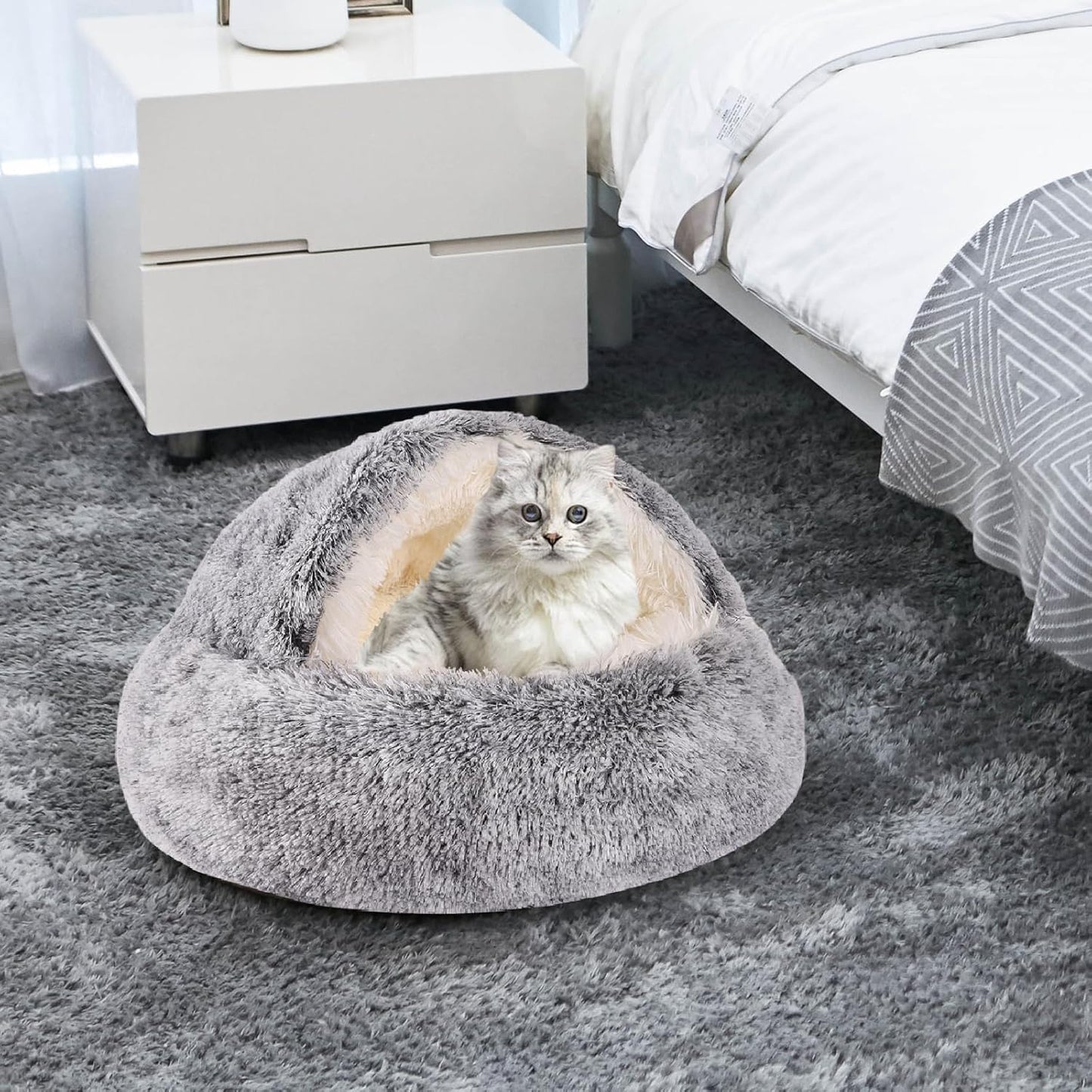 Cat Bed Round Fluffy Hooded Cat Bed Donut Cave with Non-collapsed Plush Cover for Indoor Cats Calming Dog Beds Anti-Slip Waterproof Bottom (24inch Coffee)