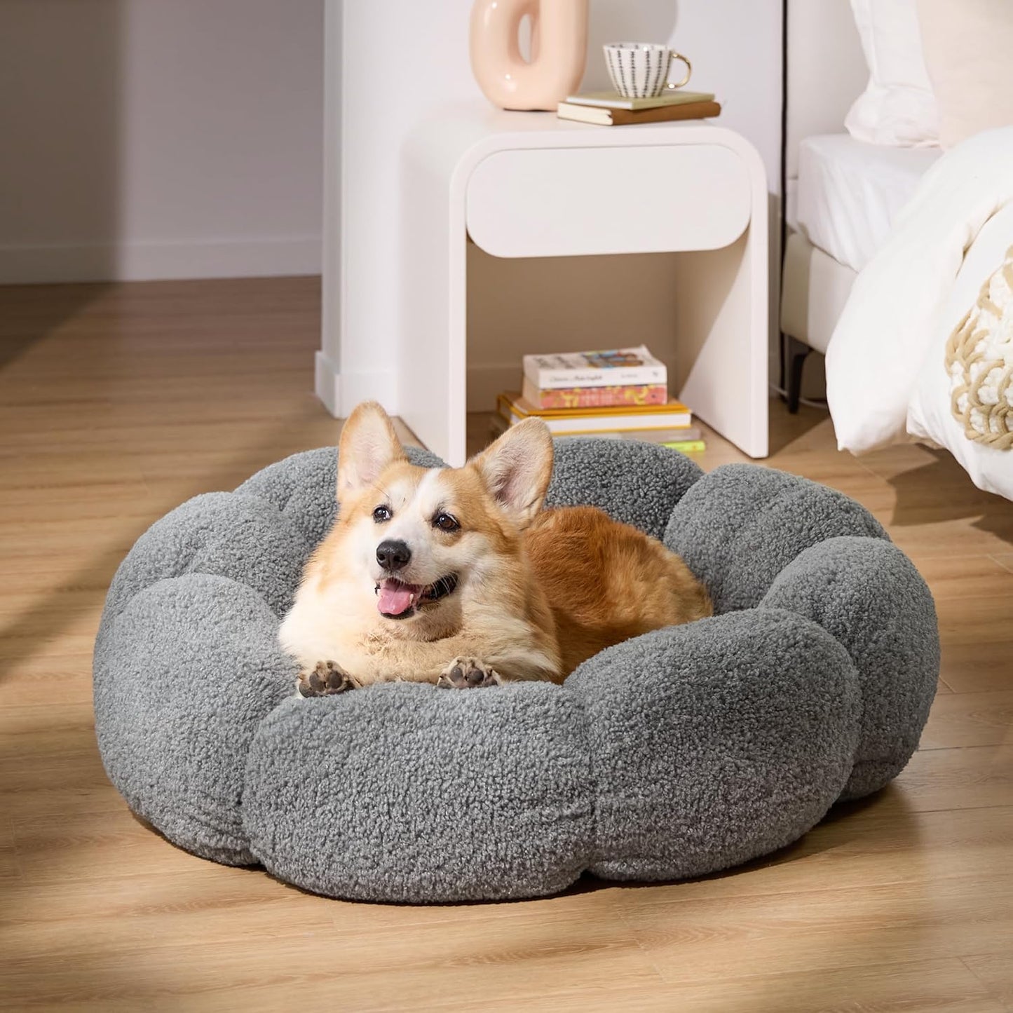 WESTERN HOME WH Calming Dog Beds for Small Dogs-Fluffy Flower Cat&Dog Bed in Plush Teddy Sherpa Round Donut Cuddler Small Dog Bed Non-Slip Machine Washable Pet Bed Fits up to 25 lbs Grey 24"
