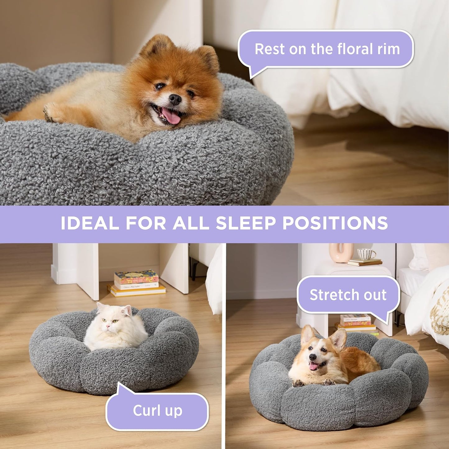 WESTERN HOME WH Calming Dog Beds for Small Dogs-Fluffy Flower Cat&Dog Bed in Plush Teddy Sherpa Round Donut Cuddler Small Dog Bed Non-Slip Machine Washable Pet Bed Fits up to 25 lbs Grey 24"