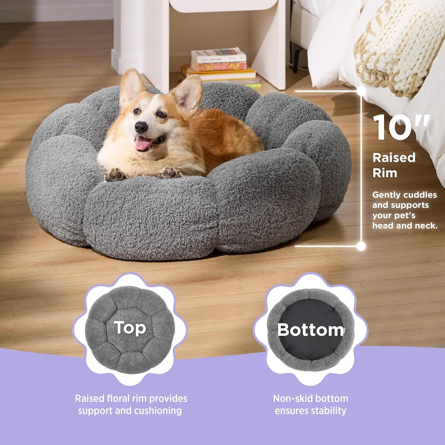 WESTERN HOME WH Calming Dog Beds for Small Dogs-Fluffy Flower Cat&Dog Bed in Plush Teddy Sherpa Round Donut Cuddler Small Dog Bed Non-Slip Machine Washable Pet Bed Fits up to 25 lbs Grey 24"